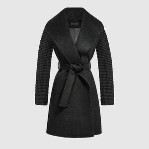 Suri Alpaca Mid Length Shawl Collar Wrap Coat with Ribbed Sleeves, New Size L